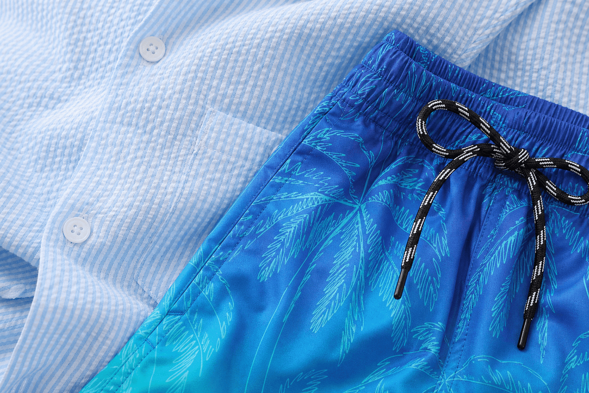 Close up detail of quick dry swim trunks featuring compression liner, stretch fabric and comfortable waistband design.