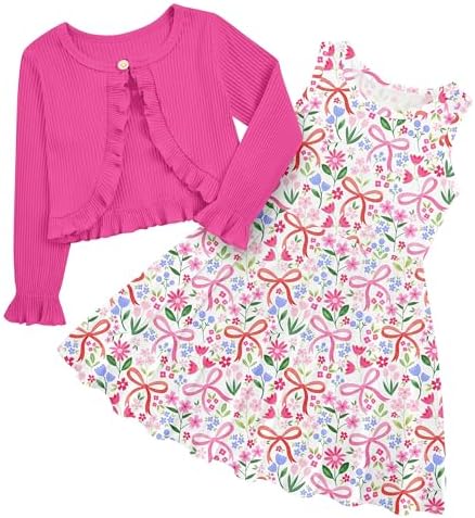 Girls rainbow floral print dress paired with a cardigan featuring bright multicolor flower details.