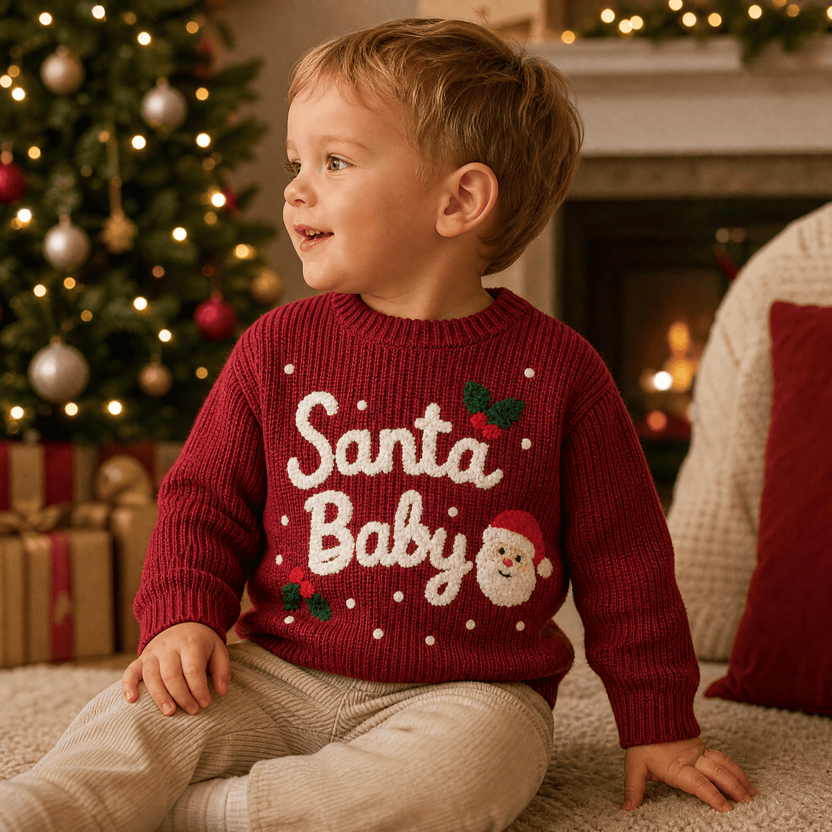 Toddler sitting indoors in a wine red Santa Baby Christmas sweater, showing the comfortable fit and festive front graphic.