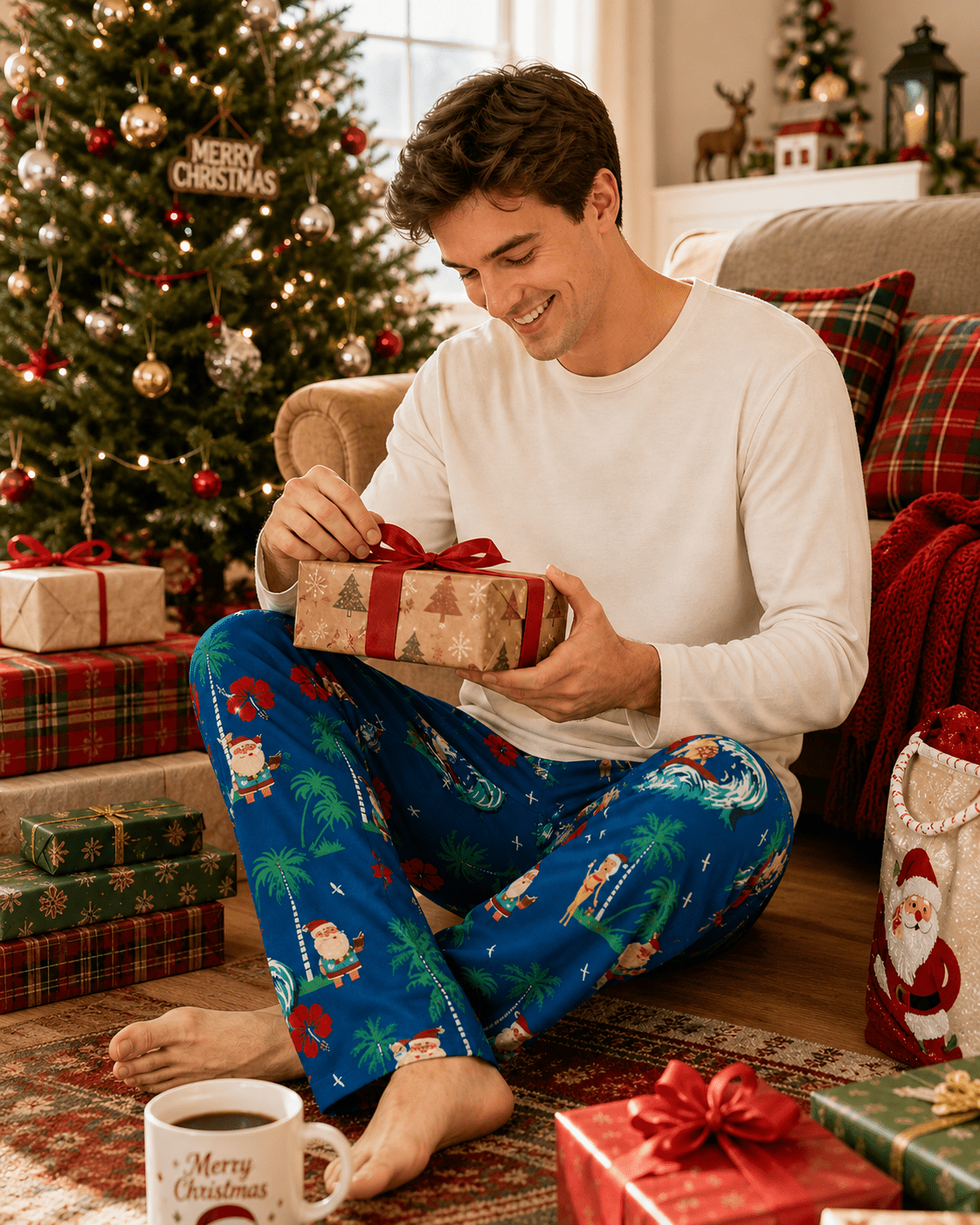 Man wearing Santa's Vacation print lounge pants while sitting beside Christmas gifts, styled for cozy holiday mornings at home.