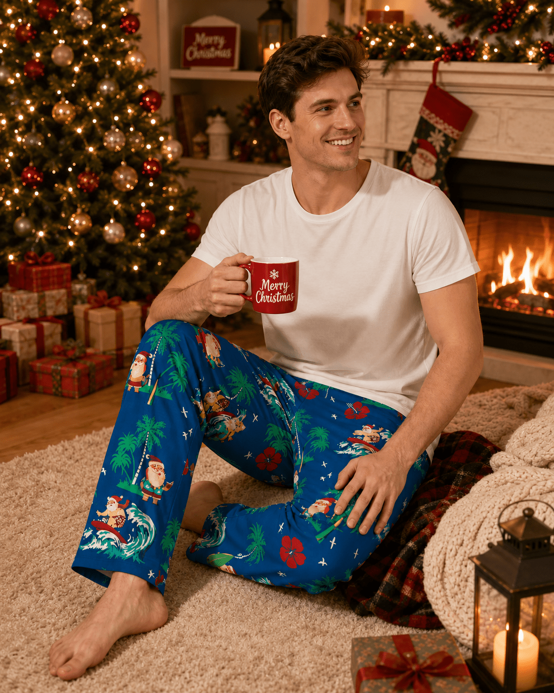 Man wearing Santa's Vacation print pajama pants while relaxing beside a Christmas tree, showing the comfortable fit and festive lounge style.