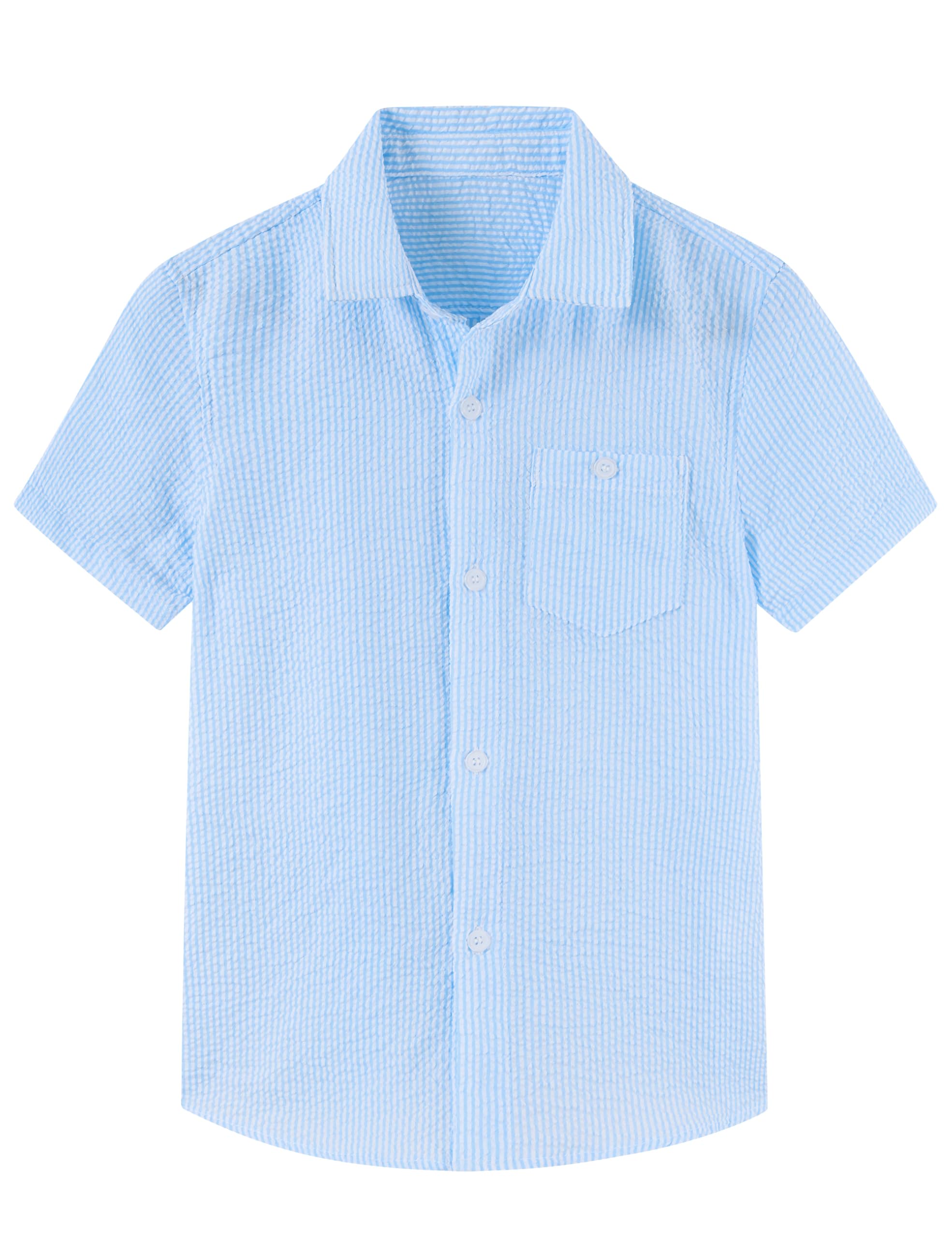 Sky blue boys striped polo shirt with button front and short sleeves for summer casual outfits.