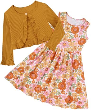 Girls sunset garden floral dress paired with a cardigan featuring colorful botanical patterns.