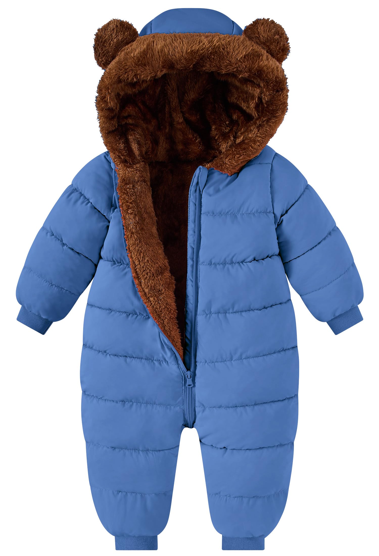 Toddler blue one-piece snowsuit with plush brown bear-ear hood and insulated quilted design for snow play and winter outings.