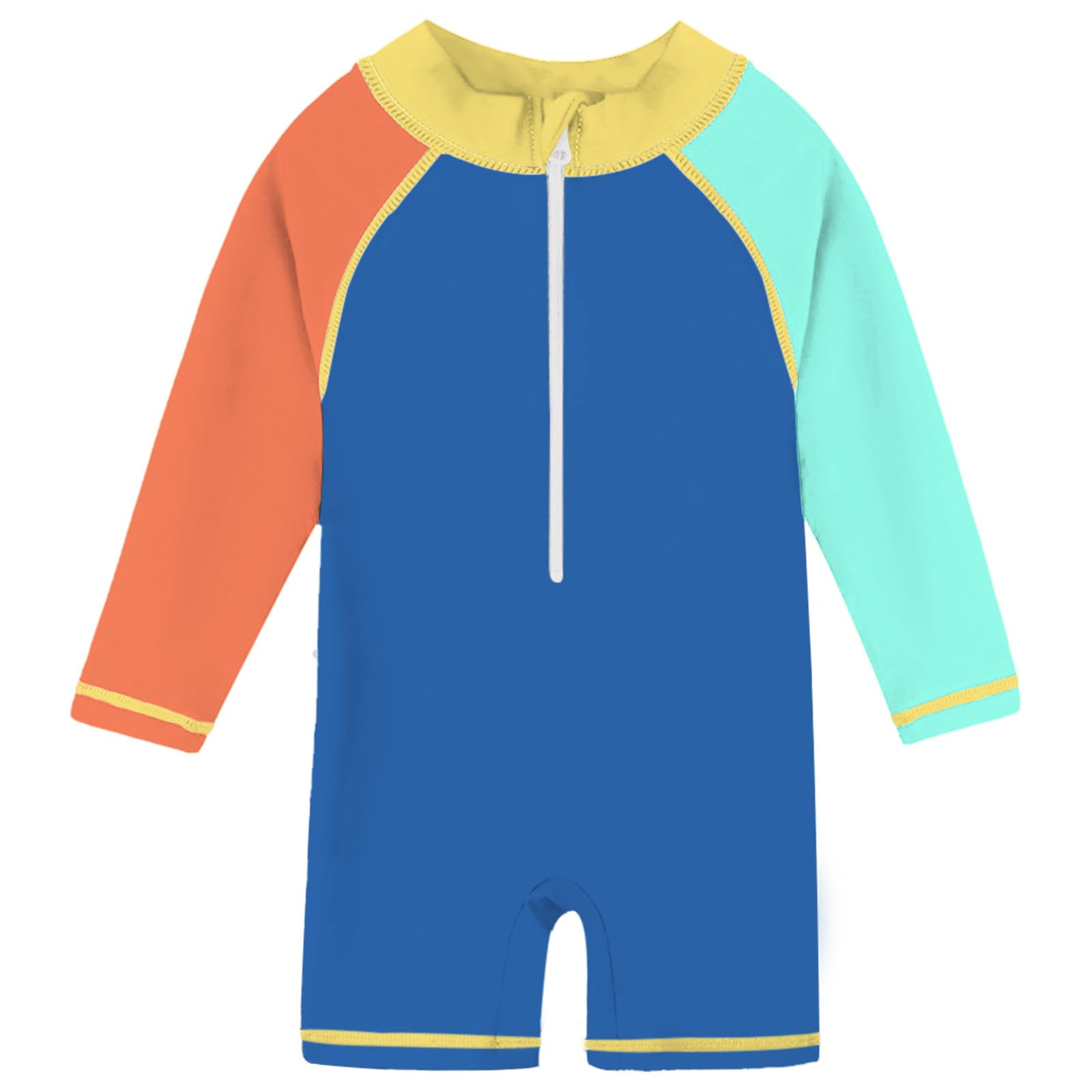 Toddler blue colorblock long sleeve rash guard swimsuit with front zipper and stretch fabric for active swimming and summer water play.