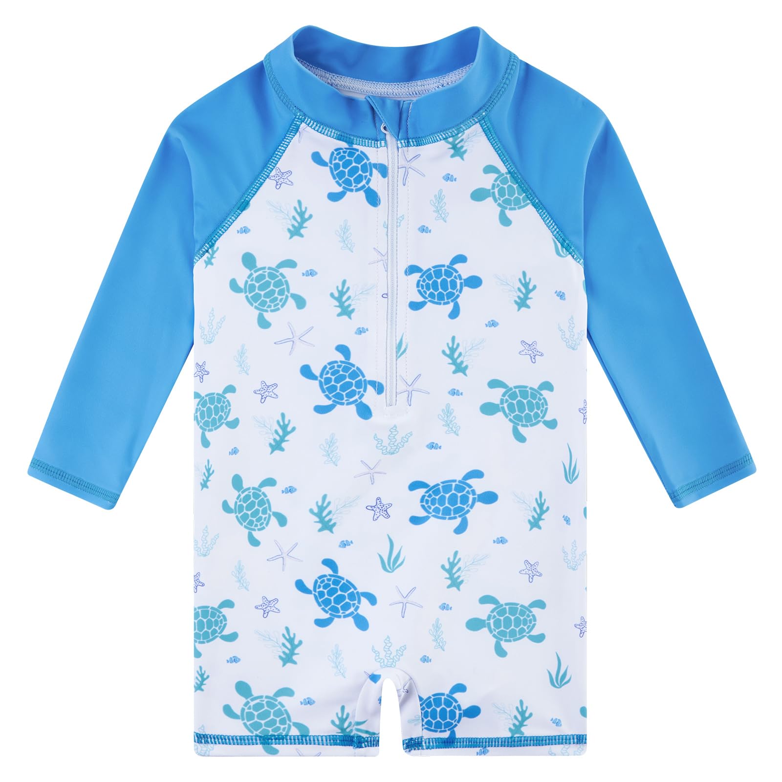 Toddler boys Blue Turtle print long sleeve rash guard swimsuit with front zipper and comfortable stretch design for swimming and summer vacations.