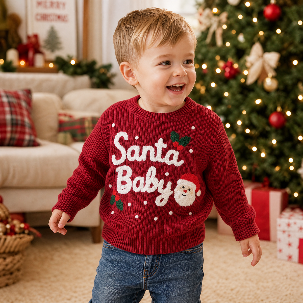 Toddler wearing a Santa Baby holiday sweater in a cozy Christmas home setting, showing the long sleeve fit and festive wine red color.