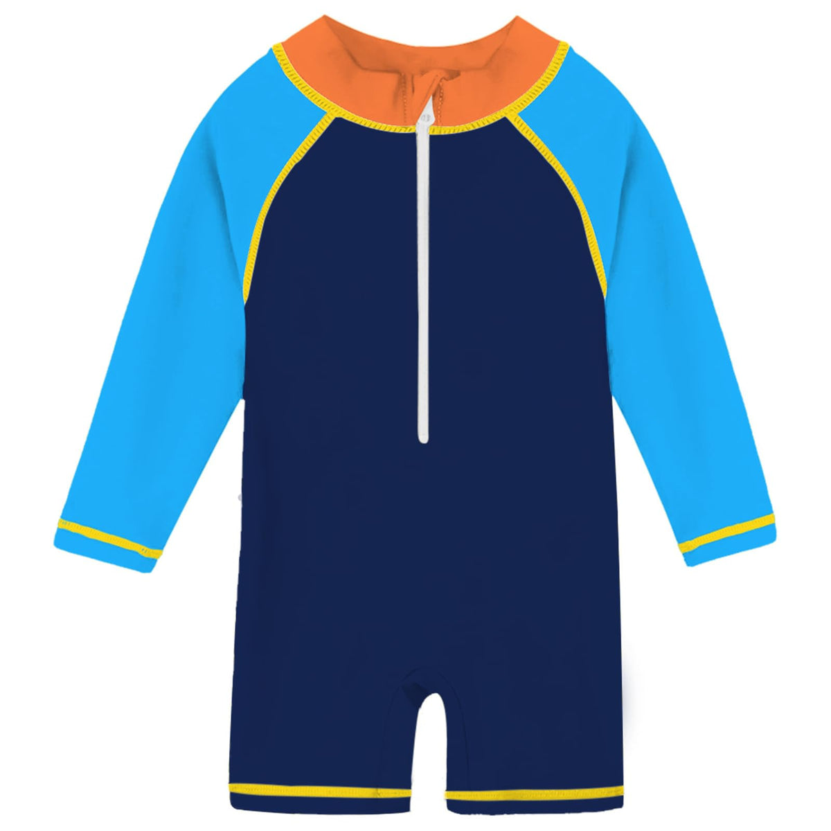 Toddler dark olive colorblock rash guard swimsuit with long sleeves, front zipper and comfortable full coverage fit for beach and pool days.