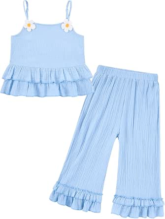 Toddler girls blue ruffle cotton outfit set with camisole top and wide leg pants.