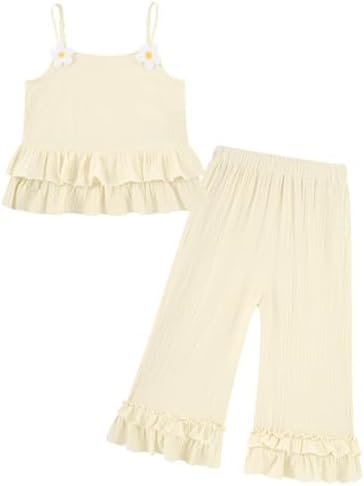 Toddler girls apricot two piece outfit with soft cotton fabric and cute ruffle details.