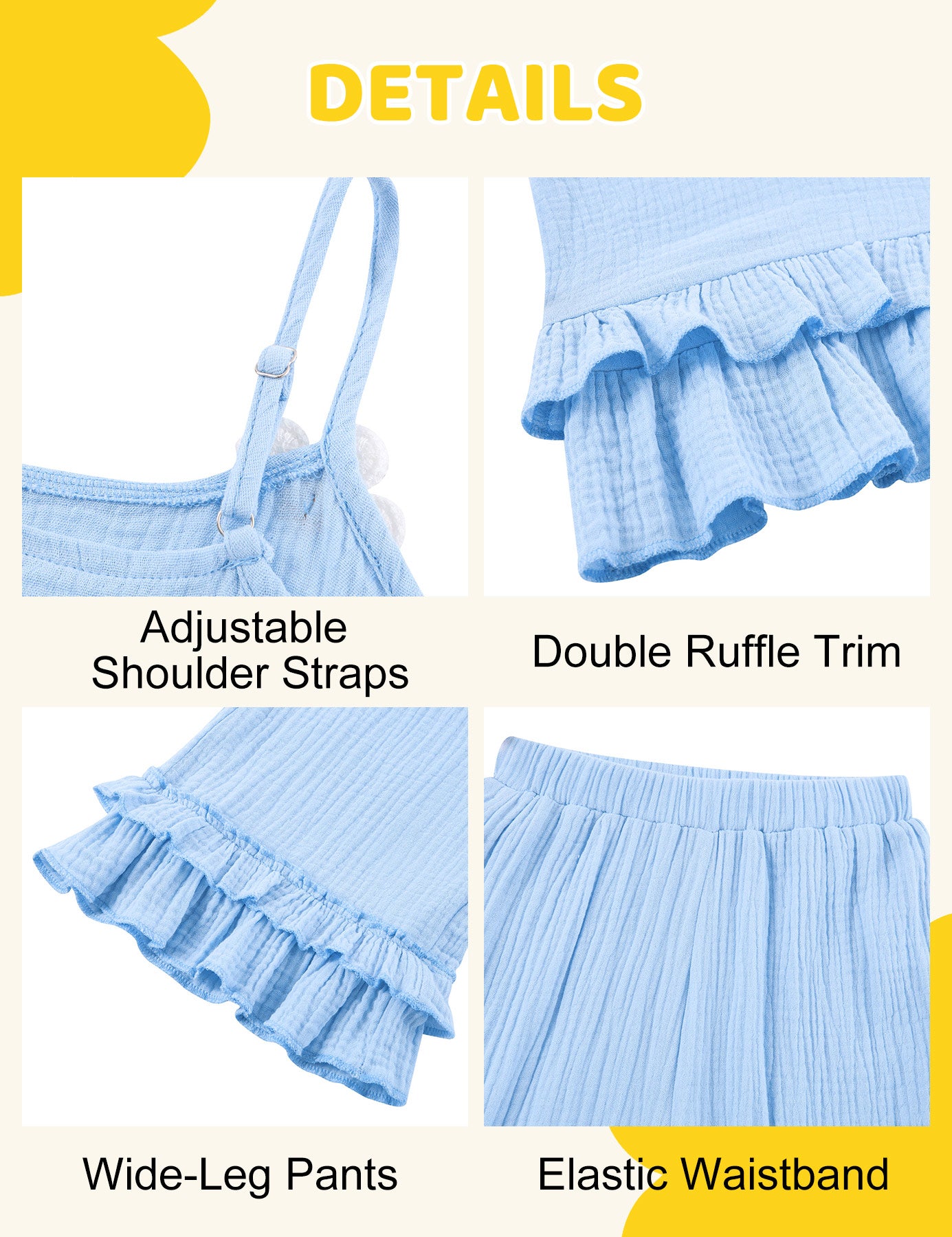 Detailed view of toddler girls outfit features including adjustable shoulder straps, double ruffle trim, wide leg pants, and elastic waistband.