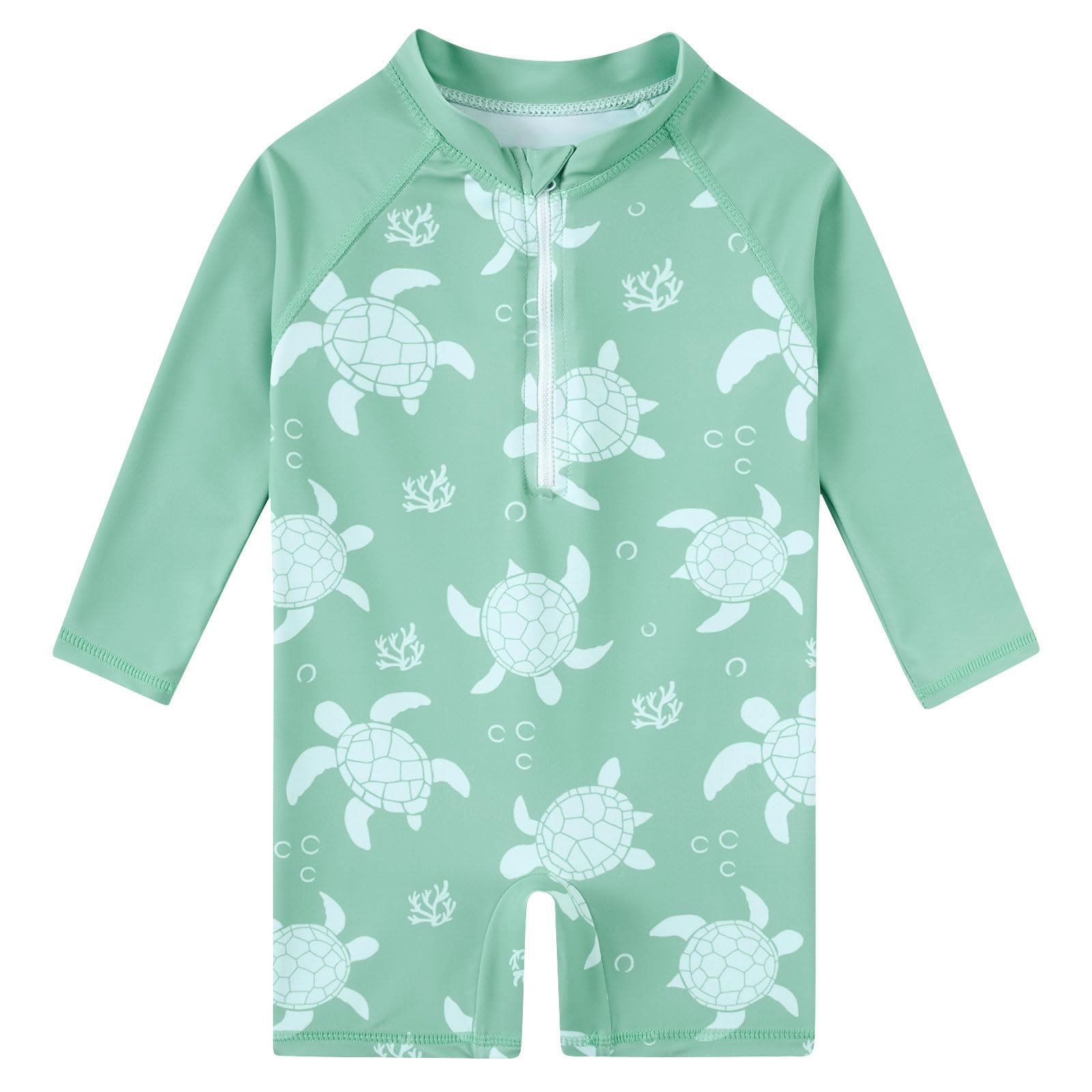 Toddler boys Green Turtle print rash guard swimsuit with long sleeves, front zipper and full coverage fit for beach and pool days.