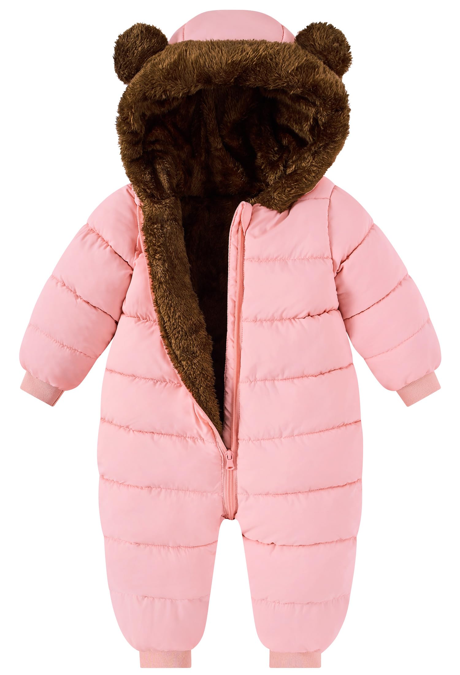 Toddler pink one-piece snowsuit with plush brown bear-ear hood and quilted winter design for snow days and cold-weather outings.