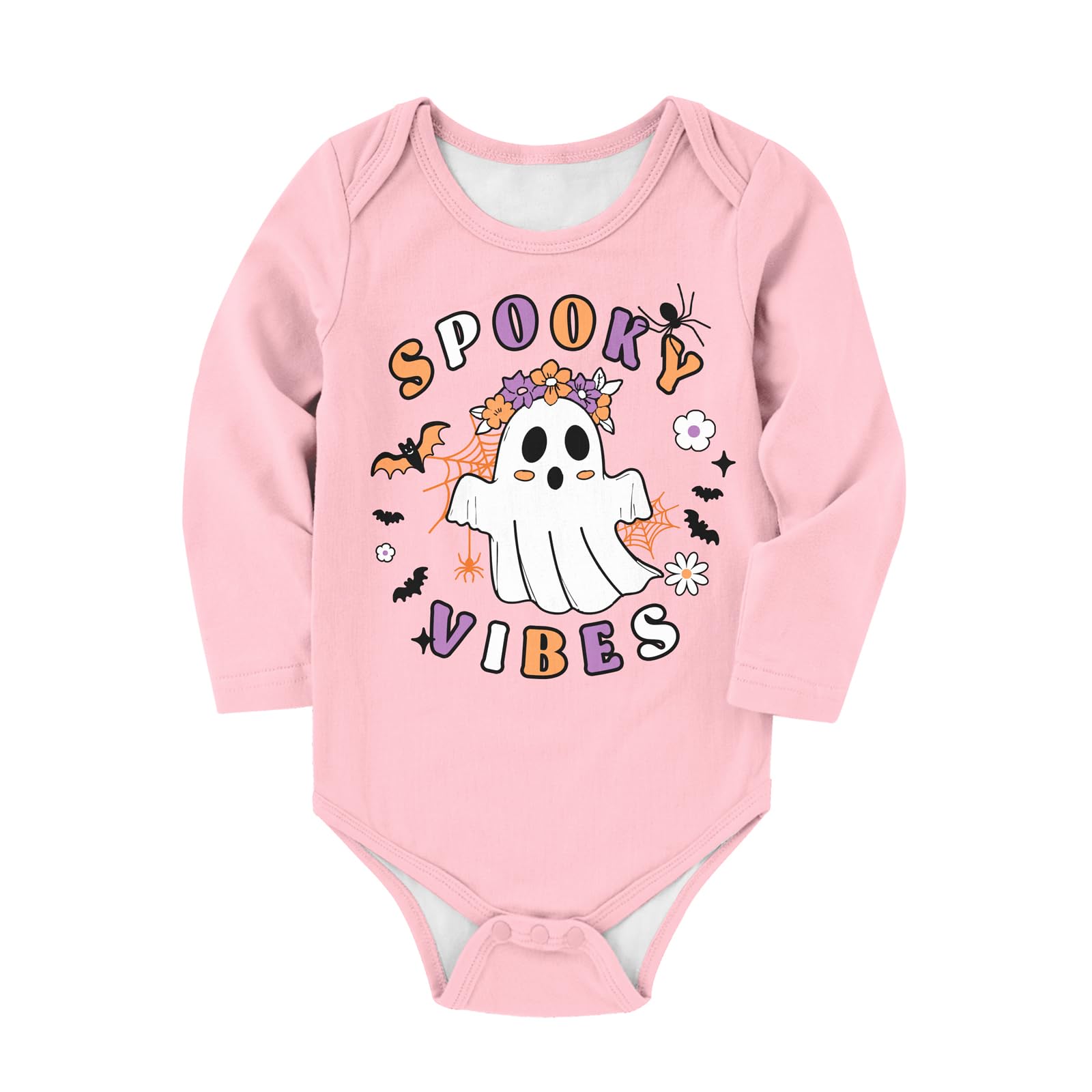 Toddler pink long sleeve Halloween bodysuit with colorful ghost graphic print and soft cotton stretch fabric for festive fall outfits.