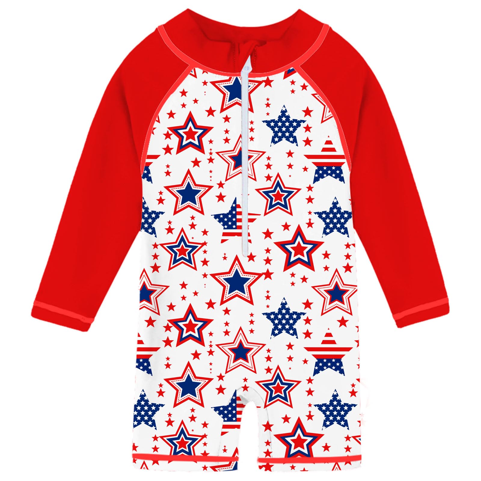 Toddler boys Red Star print rash guard swimsuit with long sleeves, front zipper and colorful design for summer swimming and vacations.