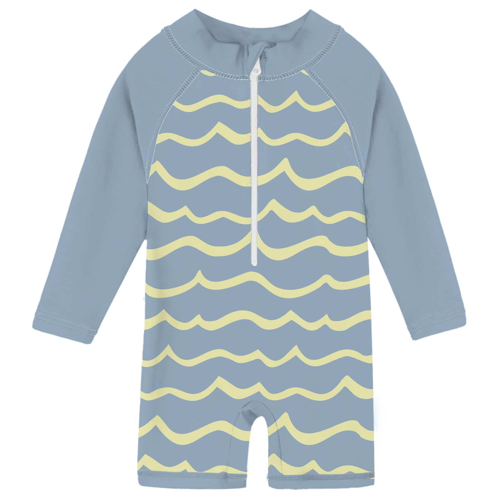 Toddler boys Wave print long sleeve rash guard swimsuit with easy zip front and full coverage design for sunny beach and pool days.