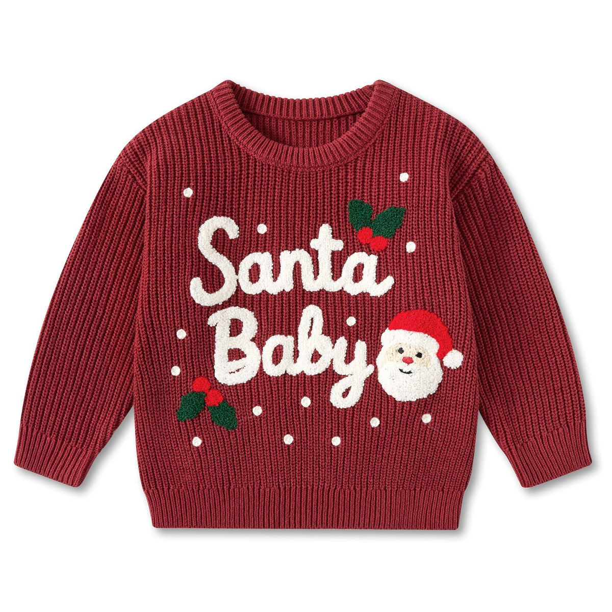 Wine red toddler Christmas sweater with Santa Baby graphic, long sleeves and crew neck design made from a soft cotton acrylic blend.