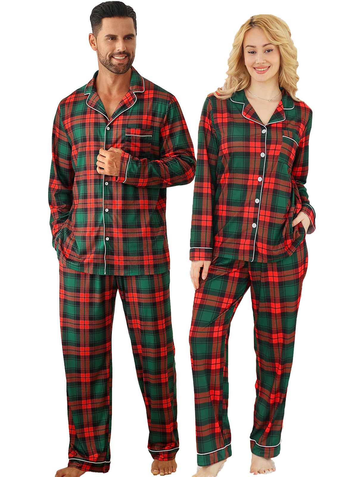 Couple wearing green and red plaid Christmas pajamas with matching long sleeve tops and pants