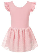 Girls pink ruffle sleeve ballet leotard dress with jacquard hem, elegant dance outfit for ballet classes and performances.