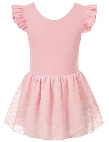 Girls pink ruffle sleeve ballet leotard dress with jacquard hem, elegant dance outfit for ballet classes and performances.