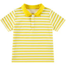 Boys yellow striped polo shirt with short sleeves, classic collar and two-button design, comfortable top for school and everyday wear.