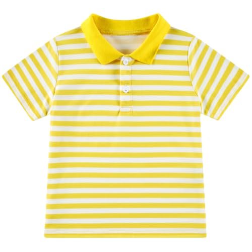 Boys yellow striped polo shirt with short sleeves, classic collar and two-button design, comfortable top for school and everyday wear.