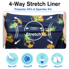 Men's swim trunks showing stretch fabric liner and performance features