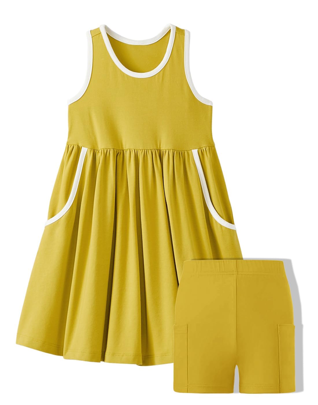 Girls mustard yellow sleeveless dress set with matching shorts, stylish casual summer outfit for kids.