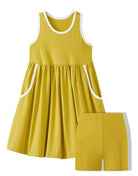 Girls mustard yellow sleeveless dress set with matching shorts, stylish casual summer outfit for kids.
