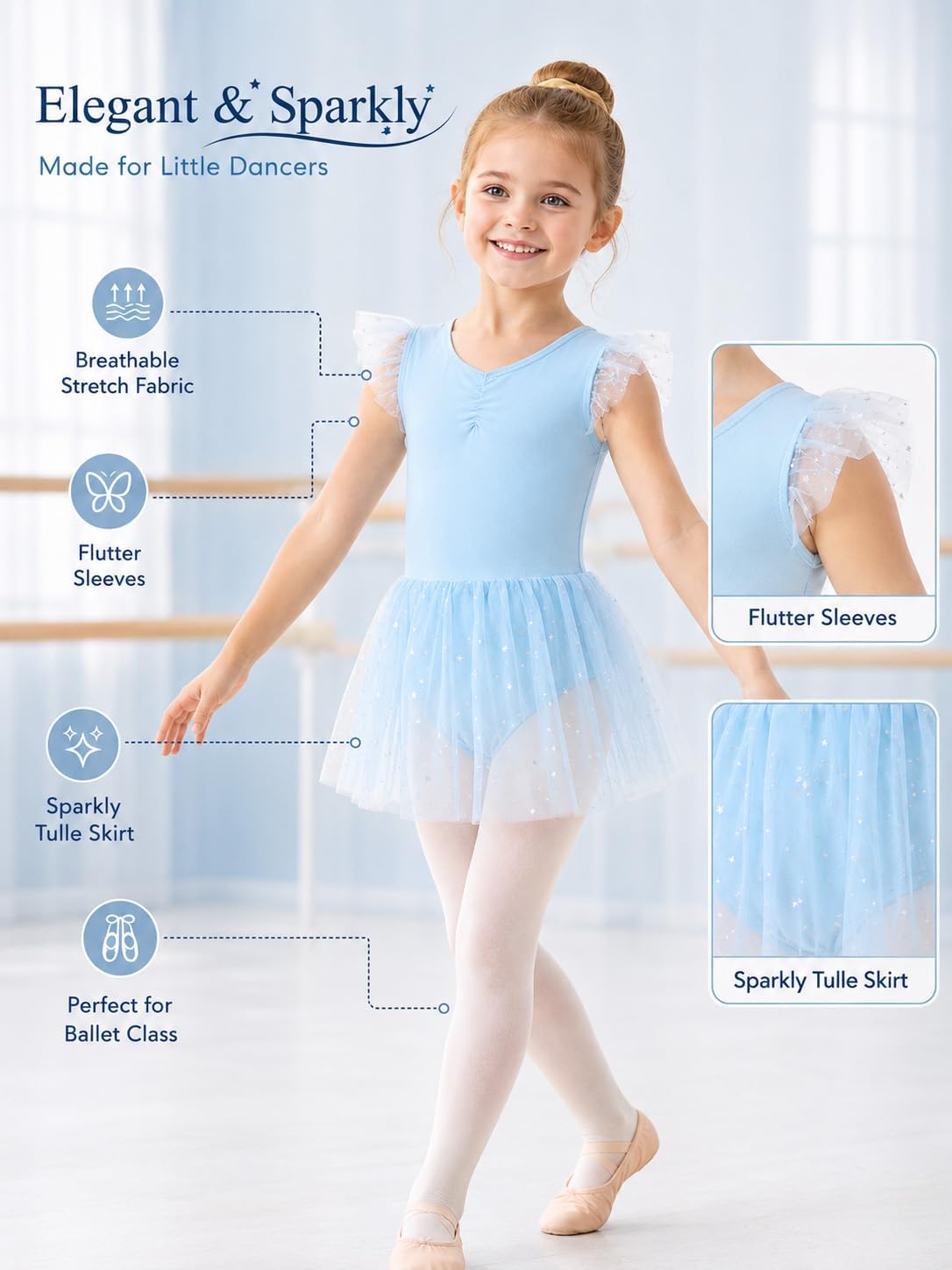 Idgreatim 2-9Y Girls Ballet Leotard with Tutu Skirt, Ballerina Dance Outfit | Stretch cotton-blend body, double-layer sparkle tulle skirt and mesh flutter sleeves for ballet, dance practice and dress-up.
