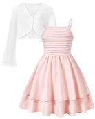 Girls Layered Dresses Adjustable Strap Flowy Teen Dresses for Girl 7-16Y Ruched Sundress with Cardigan