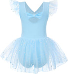 Idgreatim 2-9Y Girls Ballet Leotard with Tutu Skirt, Ballerina Dance Outfit | Stretch cotton-blend body, double-layer sparkle tulle skirt and mesh flutter sleeves for ballet, dance practice and dress-up.
