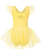 Idgreatim 2-9Y Girls Ballet Leotard with Tutu Skirt, Ballerina Dance Outfit | Stretch cotton-blend body, double-layer sparkle tulle skirt and mesh flutter sleeves for ballet, dance practice and dress-up.