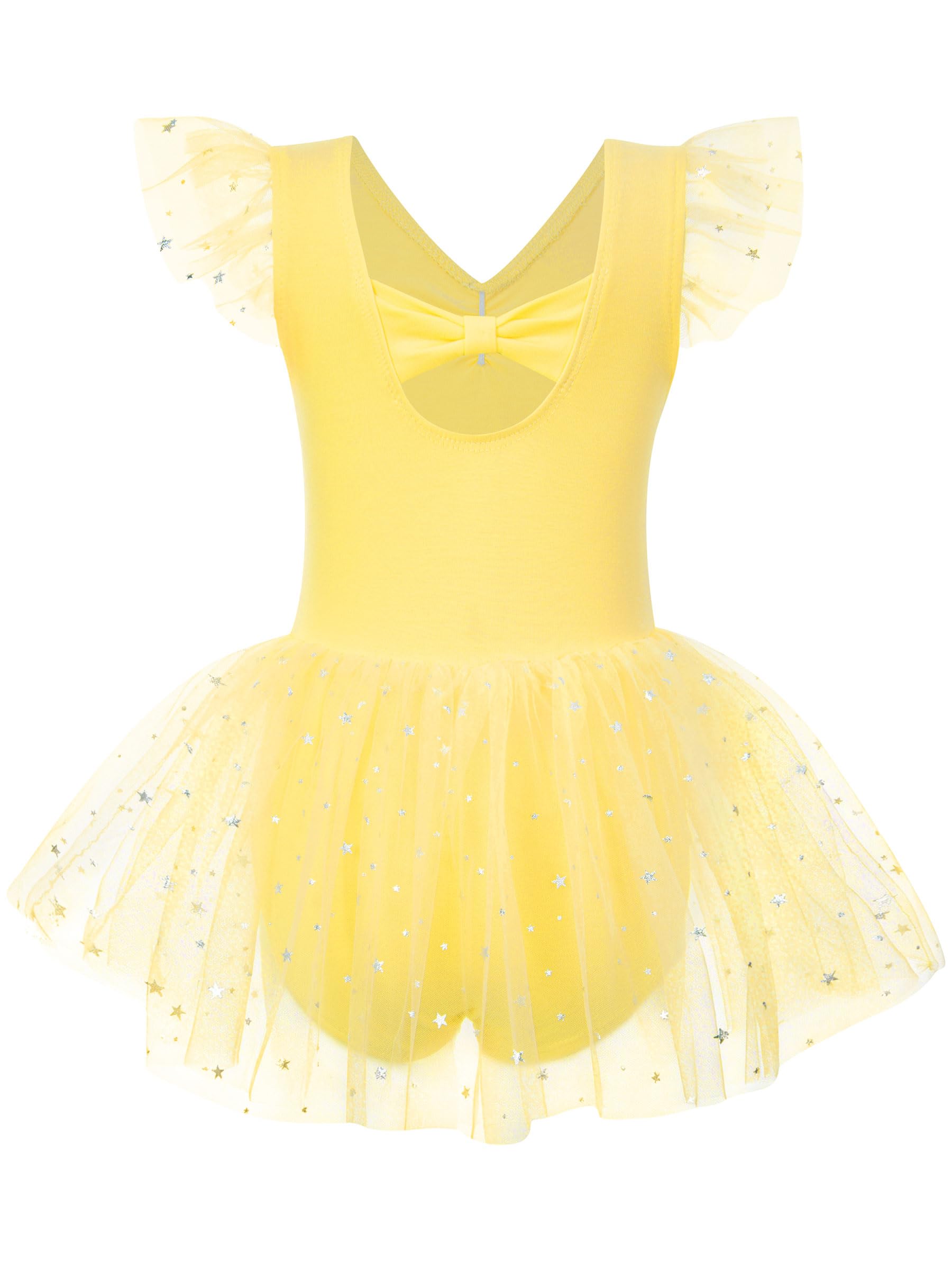Idgreatim 2-9Y Girls Ballet Leotard with Tutu Skirt, Ballerina Dance Outfit | Stretch cotton-blend body, double-layer sparkle tulle skirt and mesh flutter sleeves for ballet, dance practice and dress-up.