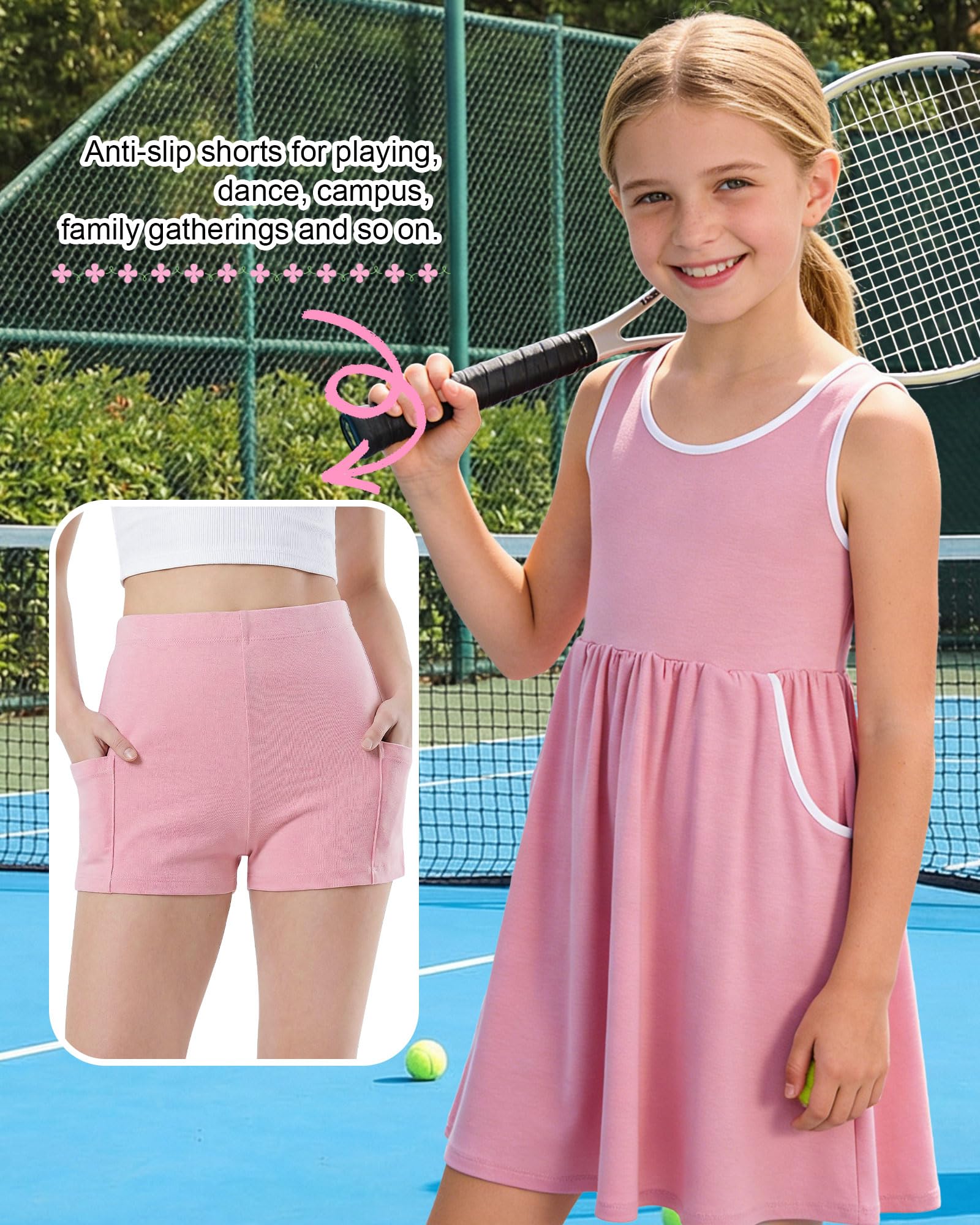 Girl wearing a pink casual dress set with matching shorts, perfect outfit for summer activities, travel and daily wear.