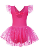 Idgreatim 2-9Y Girls Ballet Leotard with Tutu Skirt, Ballerina Dance Outfit | Stretch cotton-blend body, double-layer sparkle tulle skirt and mesh flutter sleeves for ballet, dance practice and dress-up.