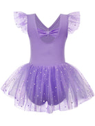 Idgreatim 2-9Y Girls Ballet Leotard with Tutu Skirt, Ballerina Dance Outfit | Stretch cotton-blend body, double-layer sparkle tulle skirt and mesh flutter sleeves for ballet, dance practice and dress-up.