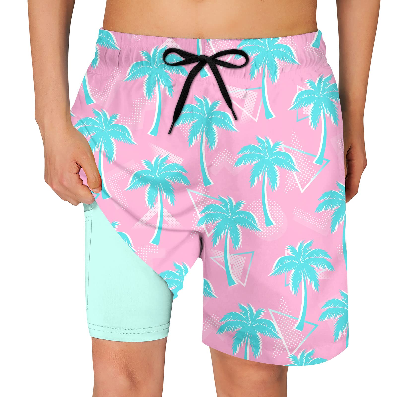 aqua blue boys swim trunks with pink palm tree print and mint compression liner