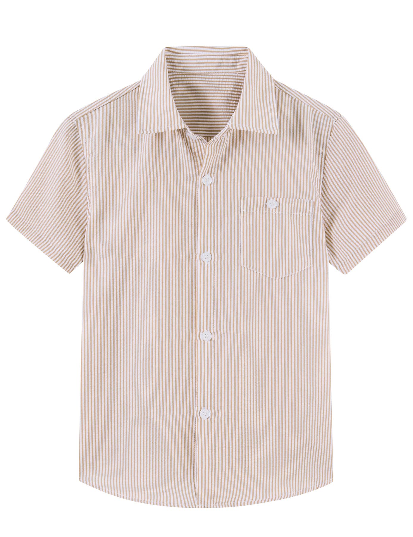 Beige boys short sleeve polo shirt with a relaxed resort-style look.