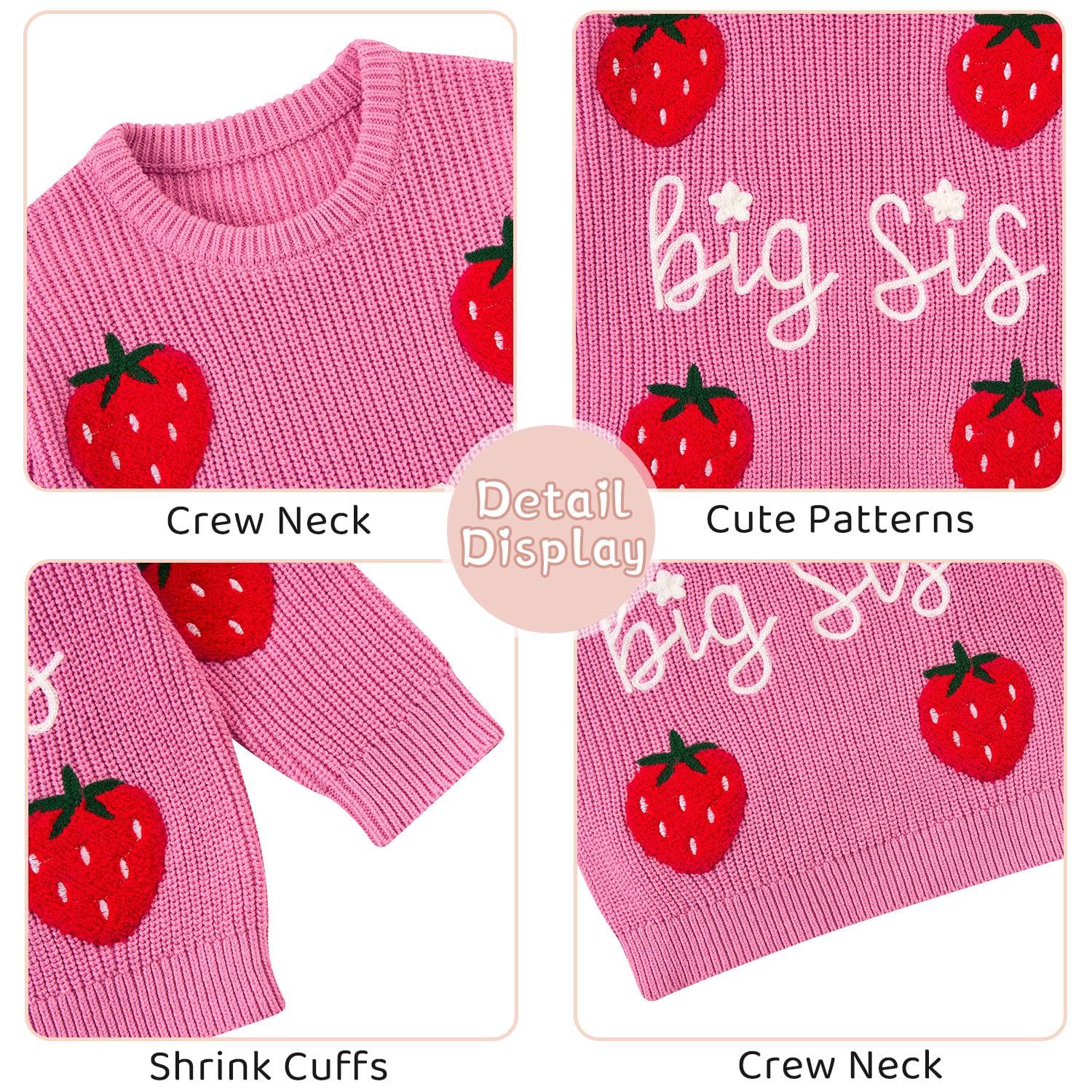 Close-up details of the pink Big Sis knit sweater showing strawberry motifs, lettering, ribbed trim and soft knitted texture.