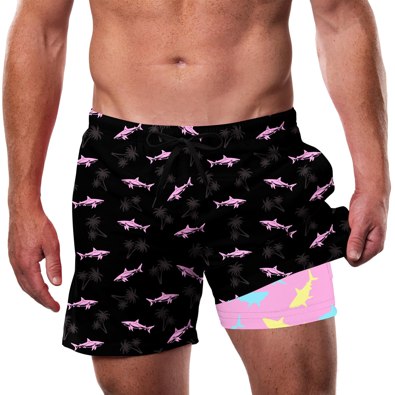 black crocodile print men's swim trunks for swimming and beach activities