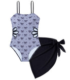black floral girls one piece swimsuit with wrap cover-up skirt