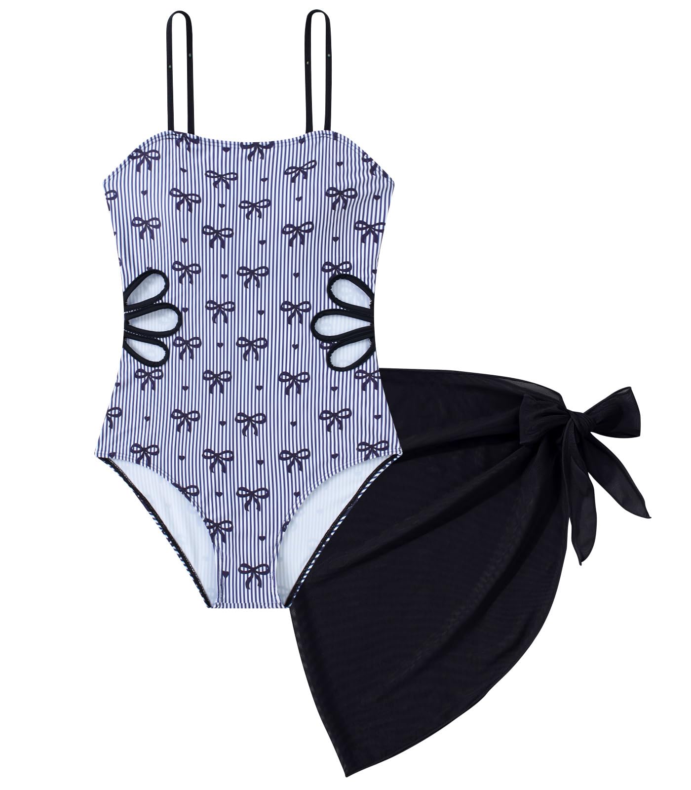 black floral girls one piece swimsuit with wrap cover-up skirt