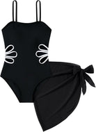 black girls one piece swimsuit with matching wrap cover-up skirt for beach vacations