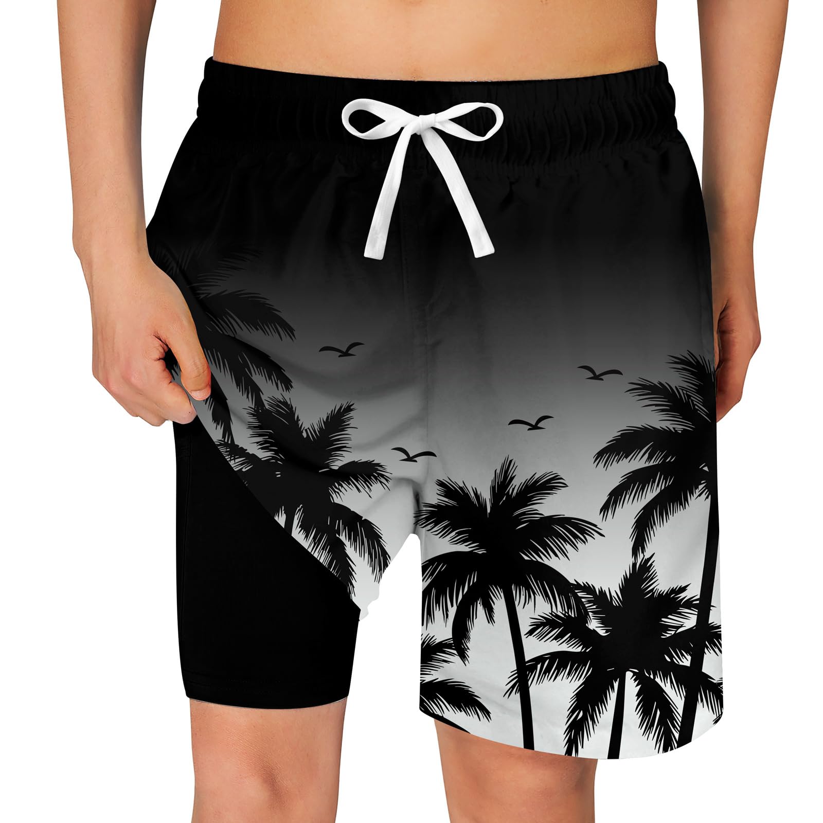 black palm tree print boys swim trunks with white drawstring for tropical beach vacations