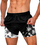 Men's black palm tree print swim trunks with tropical style