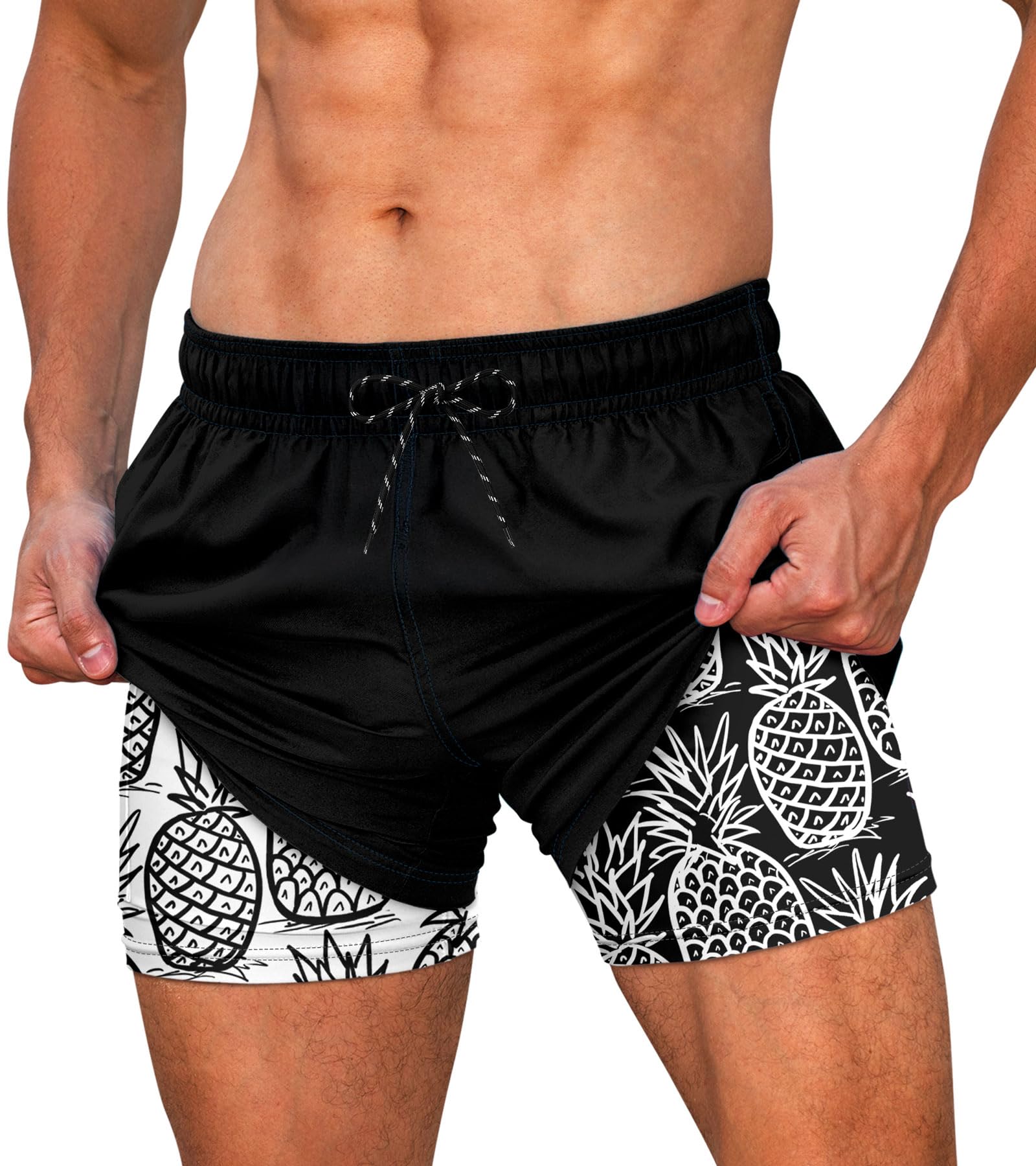 Men's black pineapple print swim shorts with tropical design