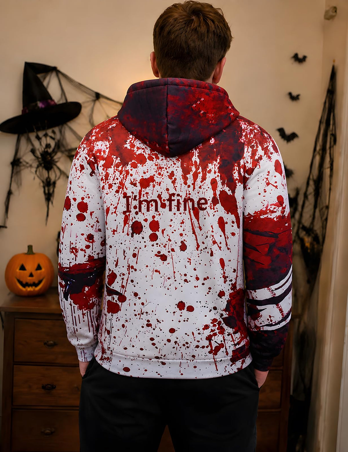 Back view of a men's Blood Splatter hoodie showing the red horror graphic print across the hood and sweatshirt body.