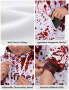 Close-up details of the Blood Splatter graphic hoodie showing the red printed pattern, fabric surface and horror-inspired design.