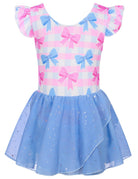 Girls blue bow sequin ballet dance dress with flutter sleeves and layered skirt, comfortable kids dancewear for ballet classes and performances.